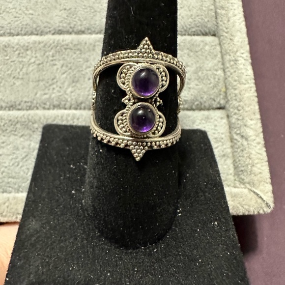 New Sterling Silver Boho Double Purple Amethyst Ring Size 9 Gemstone Crystal - Picture 10 of 11